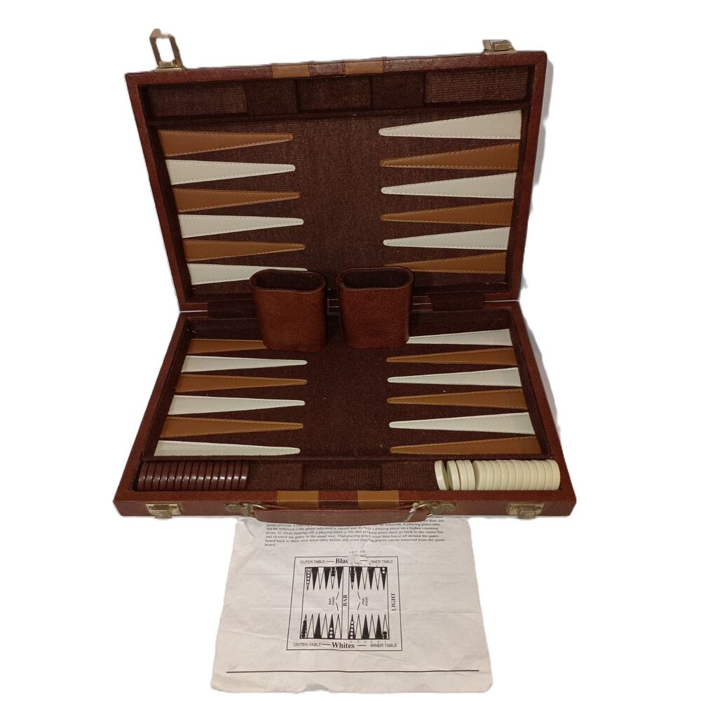 Vintage Brown Backgammon Set with Vinyl Carry Case & Instructions/Dice Not Incl.